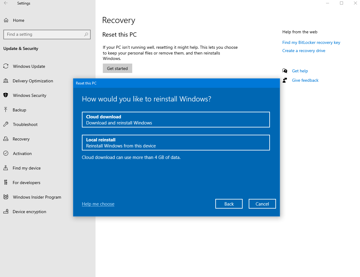 Optimize Windows 19 PC reset using the cloud